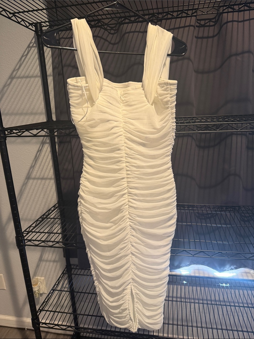 Fashion Nova Cream Ruched Midi Bodycon Dress